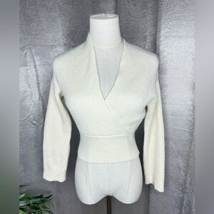 Love, Bonito Women’s Crop Ribbed Wrap Knit V-Neck Sweater in Ivory Sz US 2